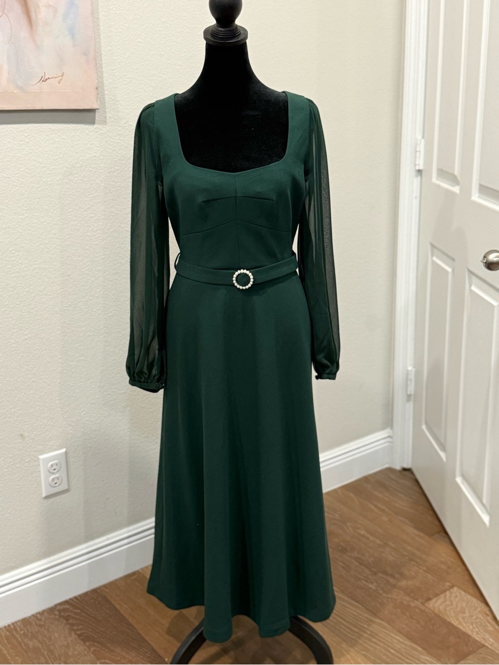 LK Bennett Forest Green Midi Dress with Sheer Long Sleeves Dr Perdy